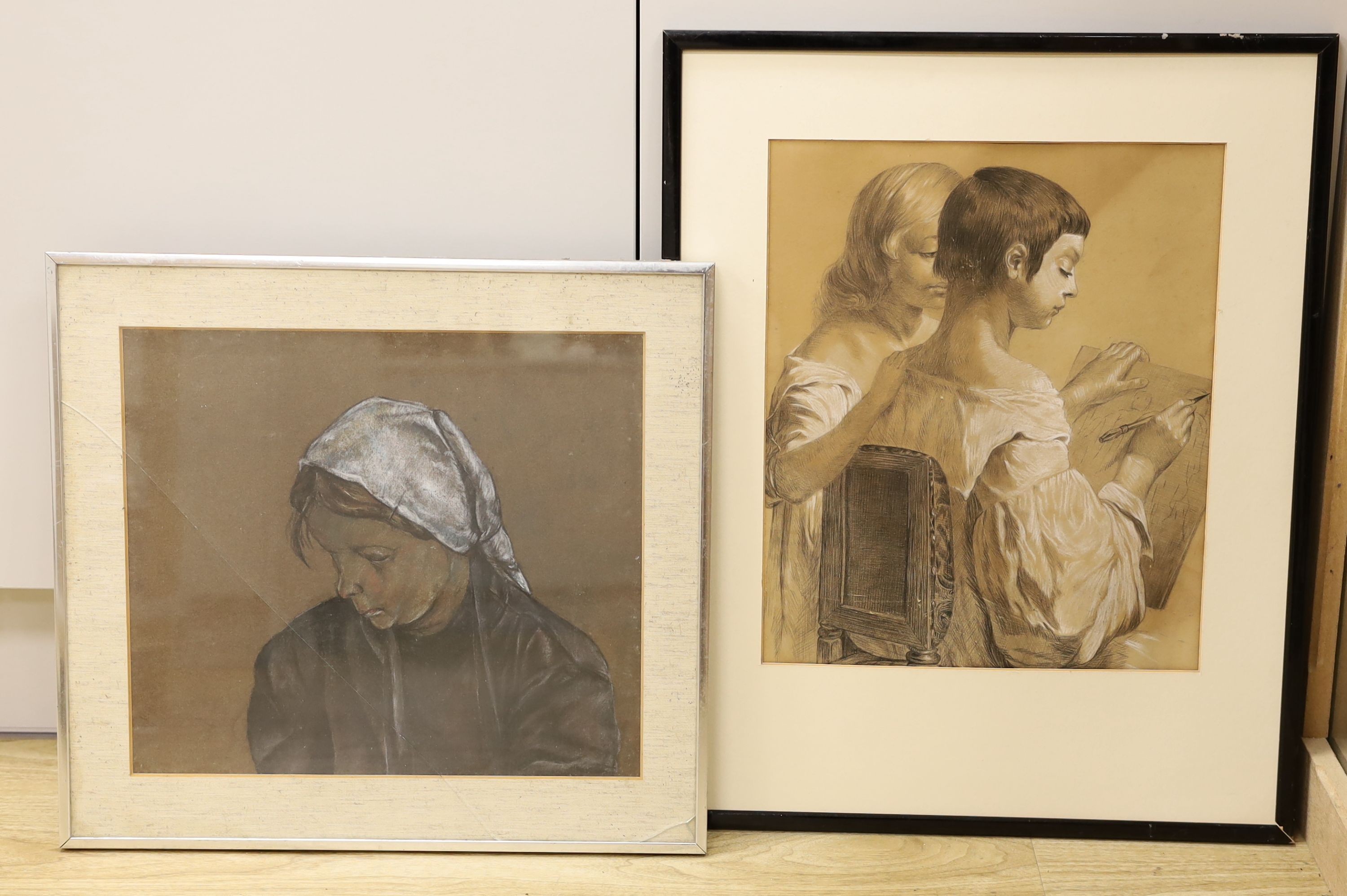 Continental School, pastel on brown paper, Study of a woman wearing a head scarf, 33 x 37cm and a late Victorian drawing of a child artist, 38 x 32cm